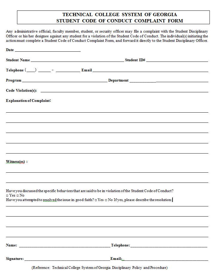 Student Code of Conduct Complaint Form