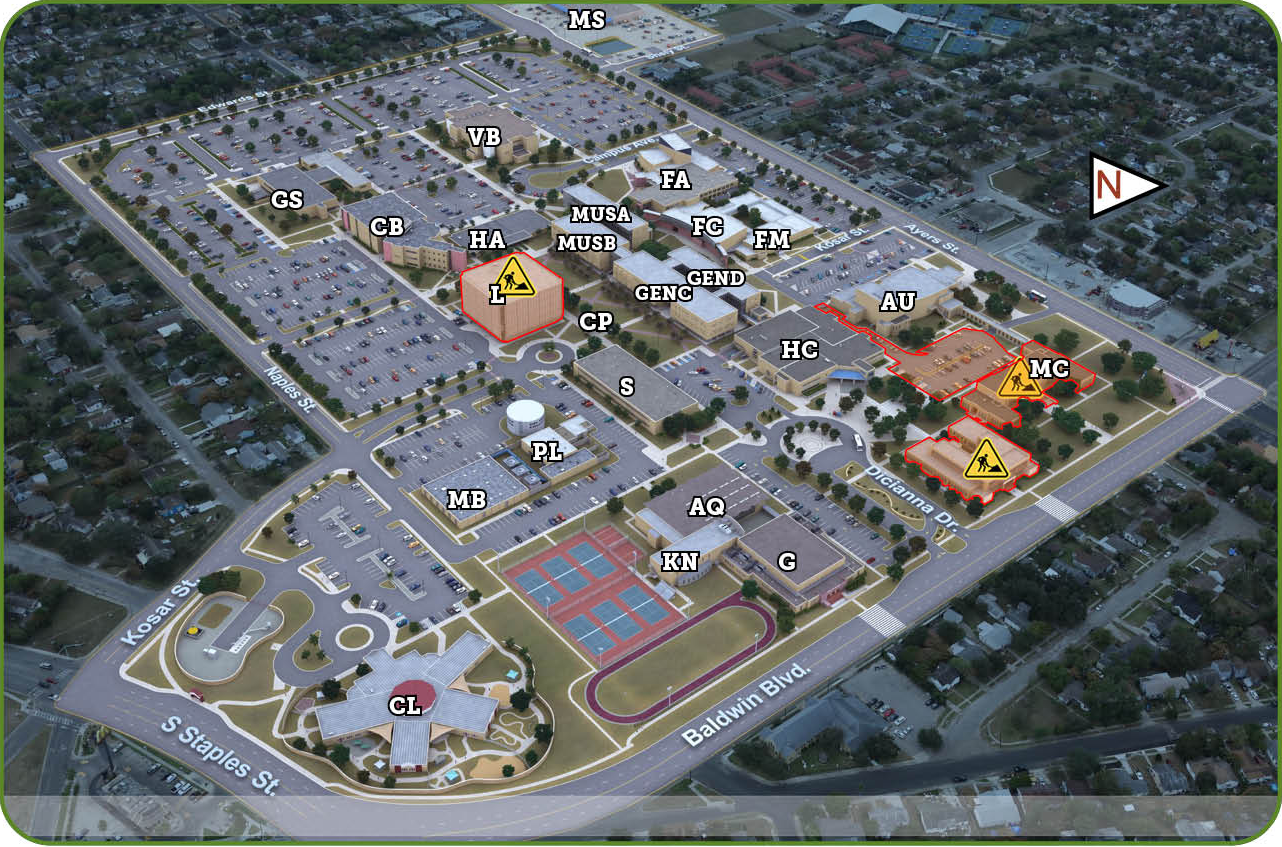Visual map of Del Mar College Heritage Campus (2022), with buildings coded for use with map legend.