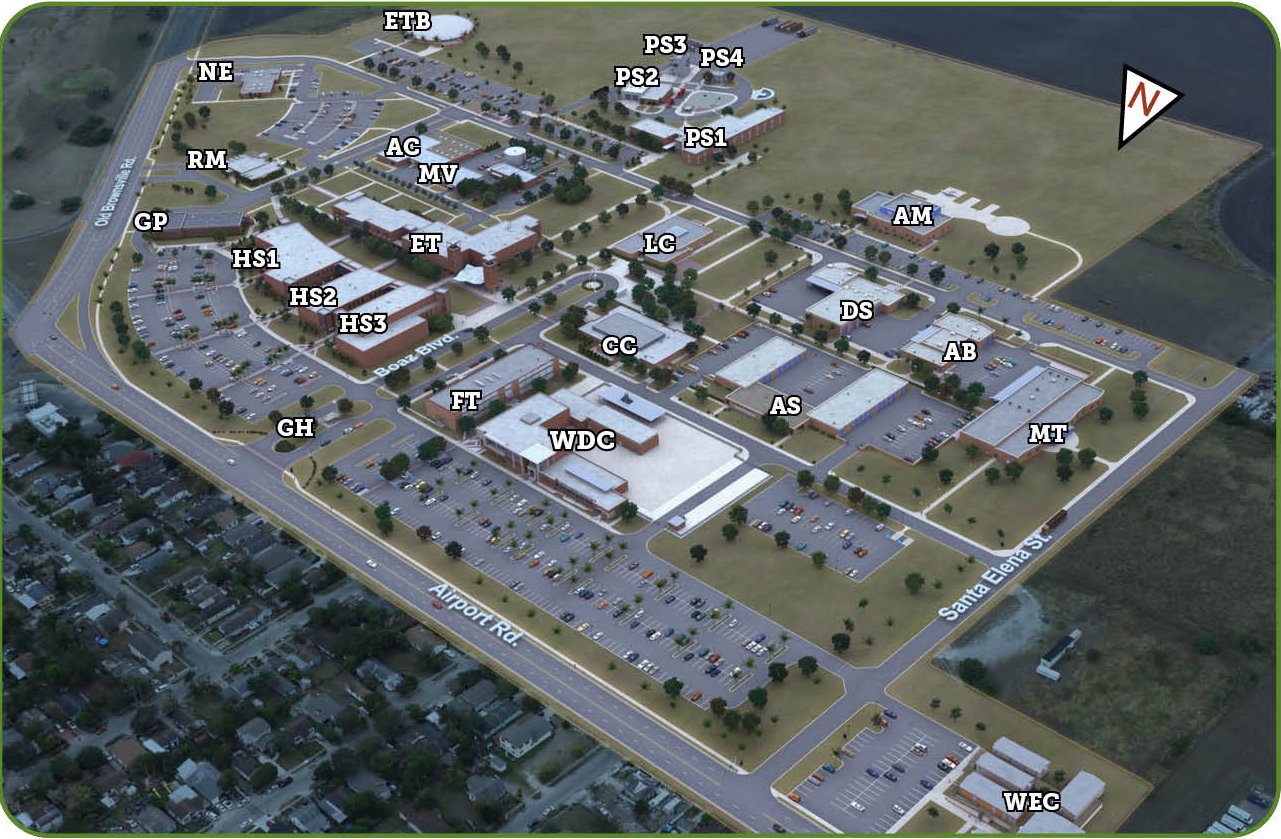 Visual map of Del Mar College Windward Campus (2022), with buildings coded for use with map legend. 