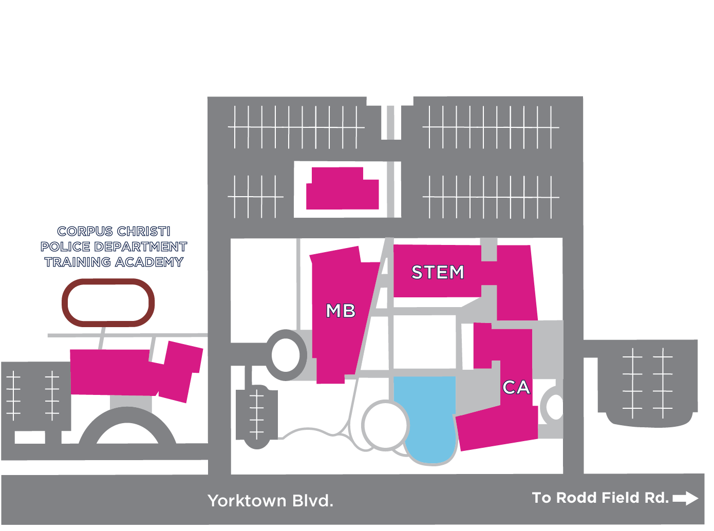 Visual map of Del Mar College Oso Creek Campus (2025), with buildings coded for use with a map legend.