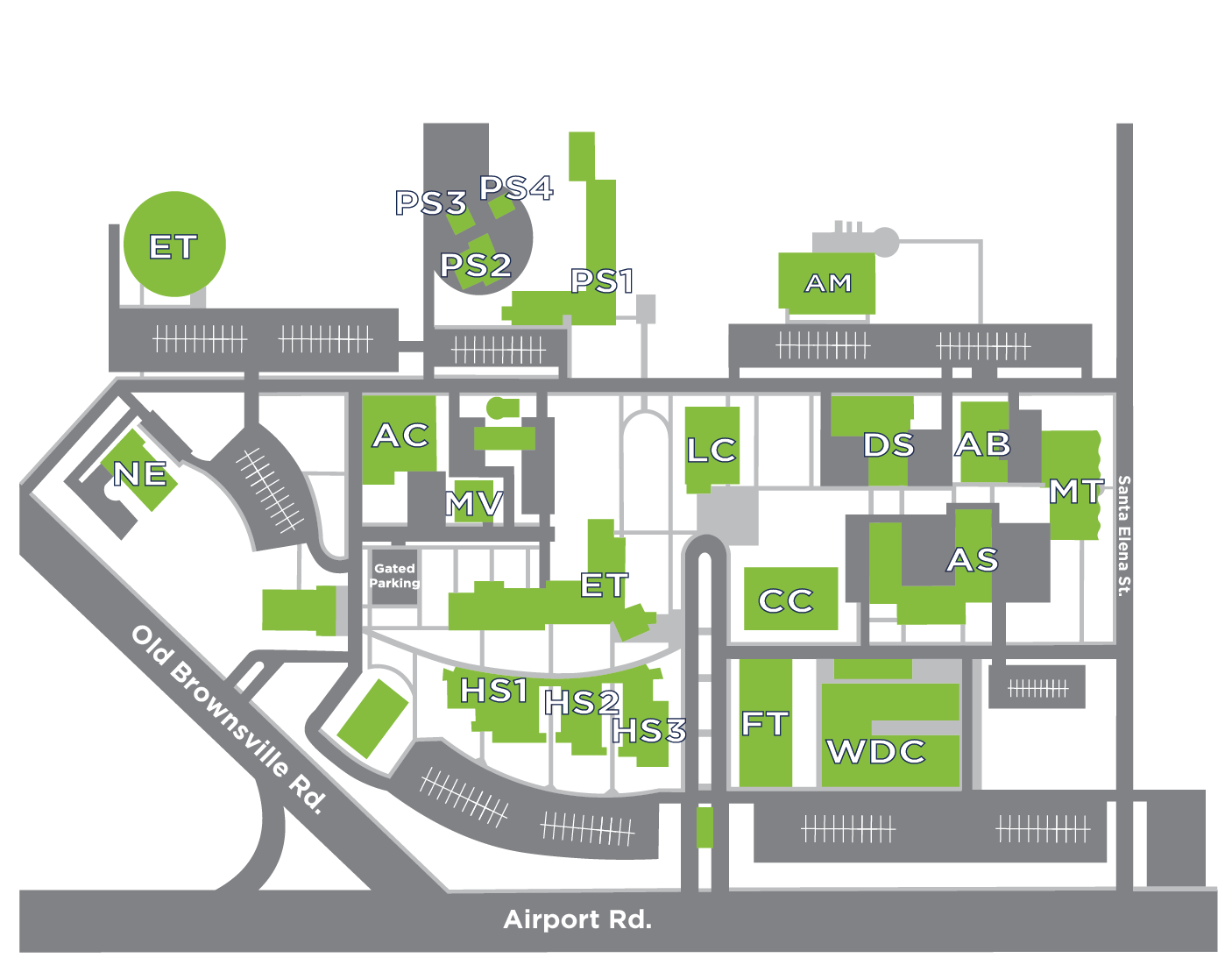 Visual map of Del Mar College Windward Campus (2025), with buildings coded for use with a map legend.