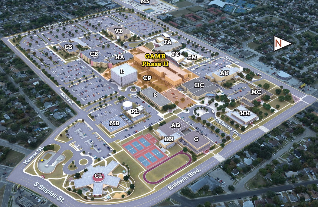 Visual map of Del Mar College East Campus (2019), with buildings coded for use with map legend.