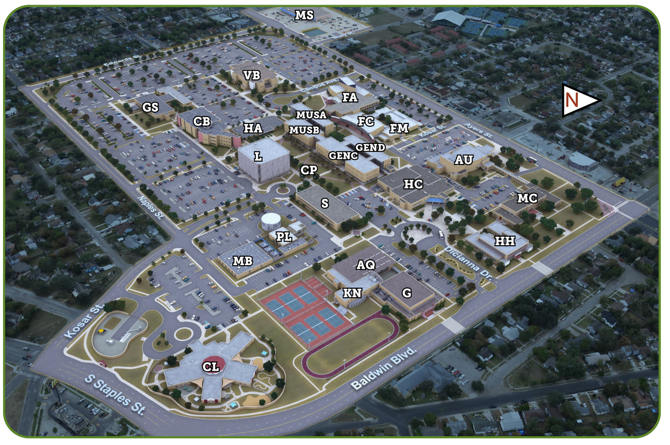 Visual map of Del Mar College East Campus (2020), with buildings coded for use with map legend.