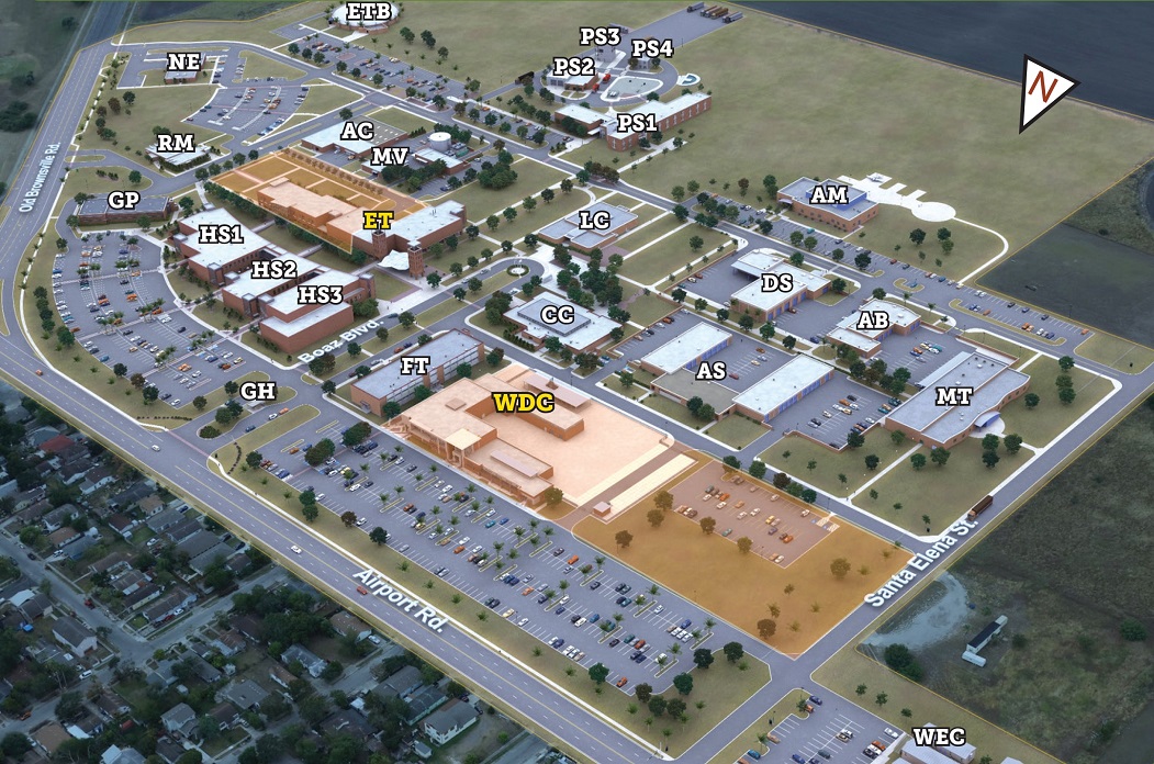 Visual map of Del Mar College West Campus (2019), with buildings coded for use with map legend.